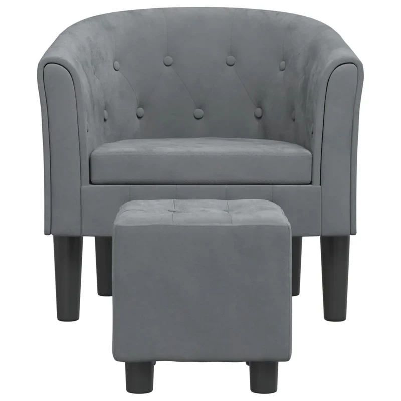 Fauteuil lounge design moderne avec repose-pied en velours gris foncé capitonné dossier arrondi DEC026835
