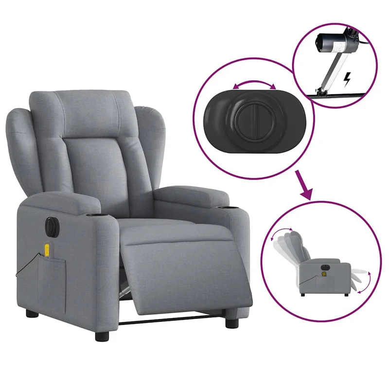 Fauteuil de relaxation TV fonction massage inclinable électrique en tissu gris clair DEC027163