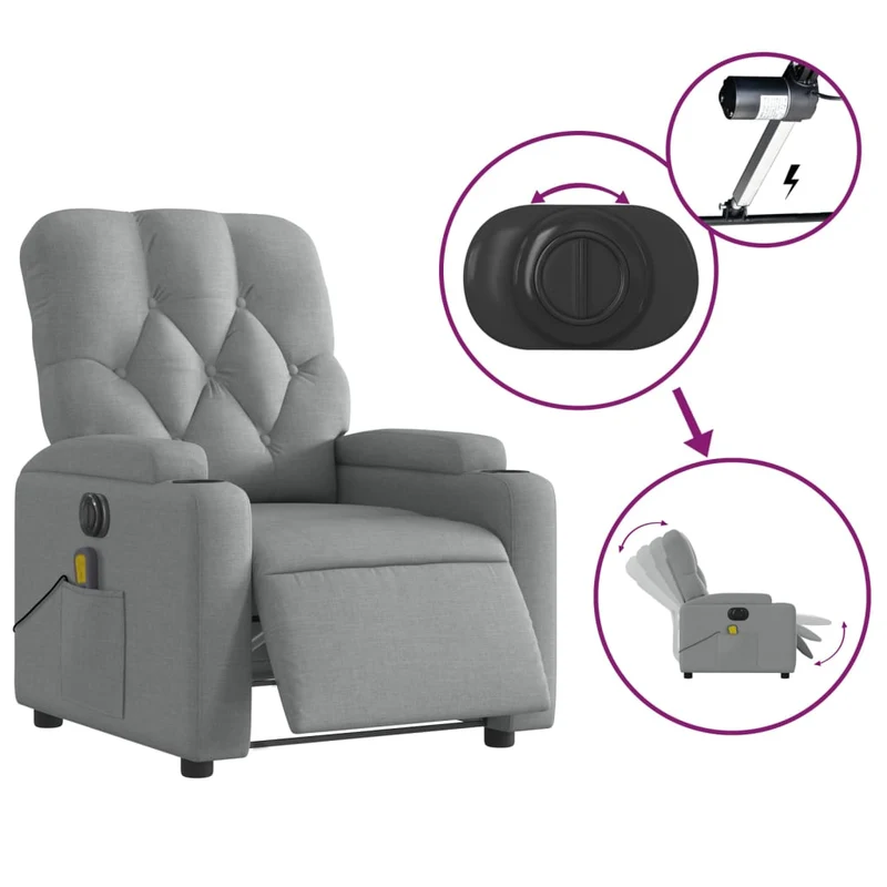 Fauteuil de relaxation TV fonction massage inclinable électrique en tissu gris clair DEC027158
