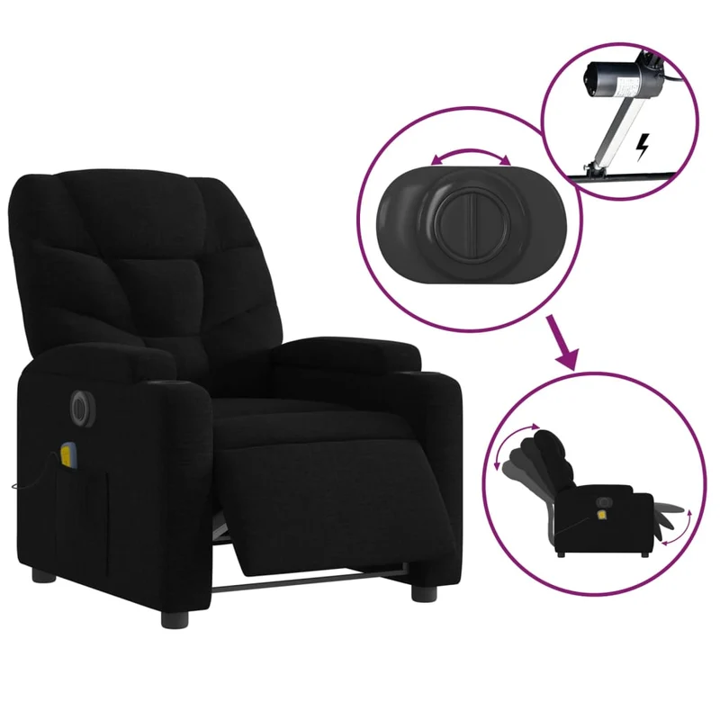 Fauteuil de relaxation TV fonction massage inclinable électrique 6 points de massage en tissu noir DEC027234