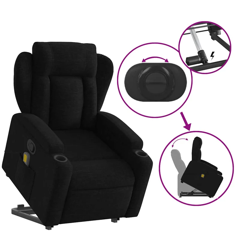Fauteuil de relaxation TV fonction massage inclinable levage électrique en tissu noir DEC027064