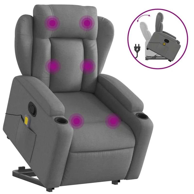 Fauteuil de relaxation TV fonction massage inclinable et levage électrique en tissu gris foncé DEC026959