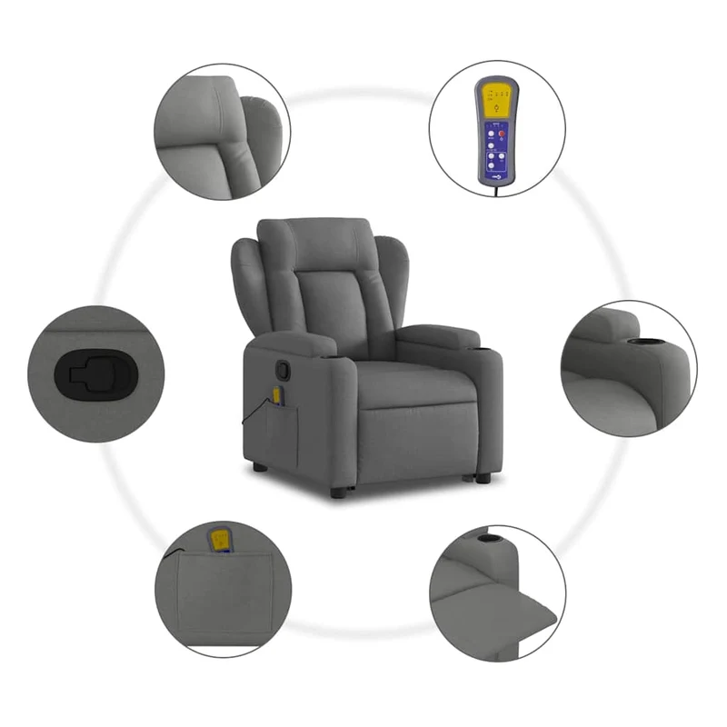 Fauteuil de relaxation TV fonction massage inclinable et levage électrique en tissu gris foncé DEC026959