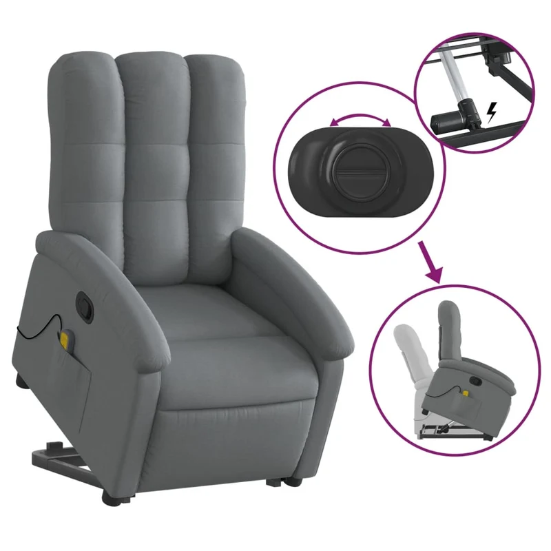 Fauteuil de relaxation TV fonction massage inclinable et levage électrique en tissu gris foncé DEC026950