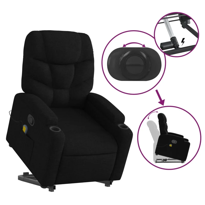 Fauteuil de relaxation TV fonction massage inclinable levage électrique en tissu noir DEC027054