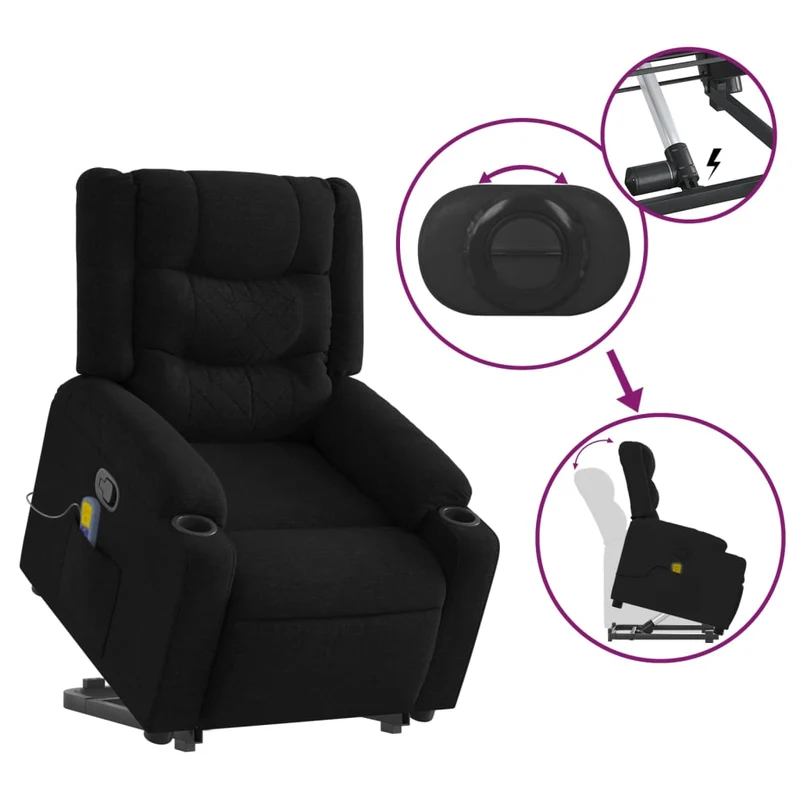 Fauteuil de relaxation TV fonction massage inclinable 6 points de massage en tissu noir DEC027050