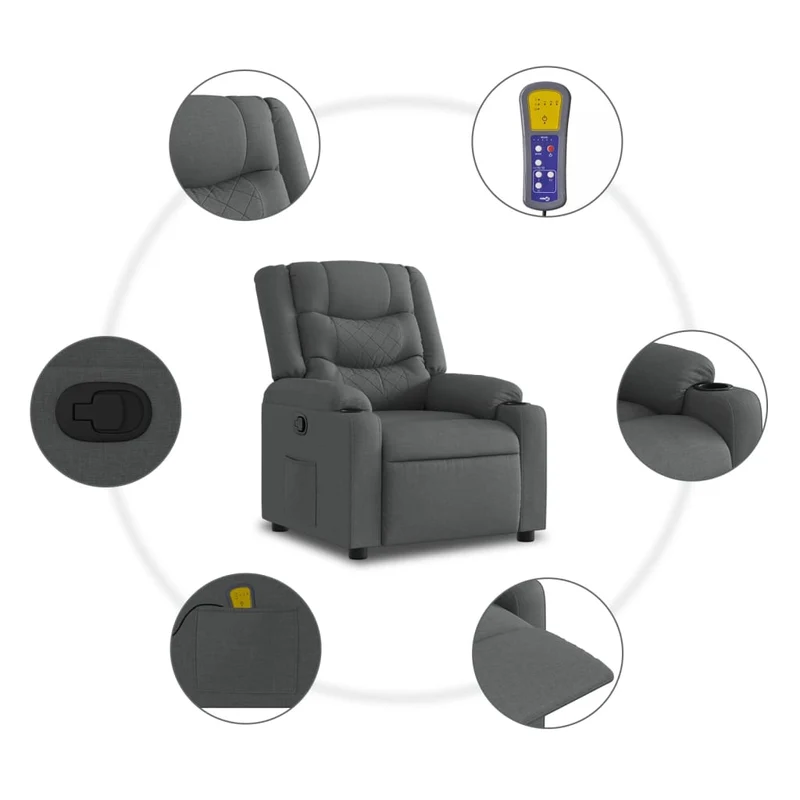 Fauteuil de relaxation TV fonction massage 6 points de massage inclinable en tissu gris foncé DEC026940