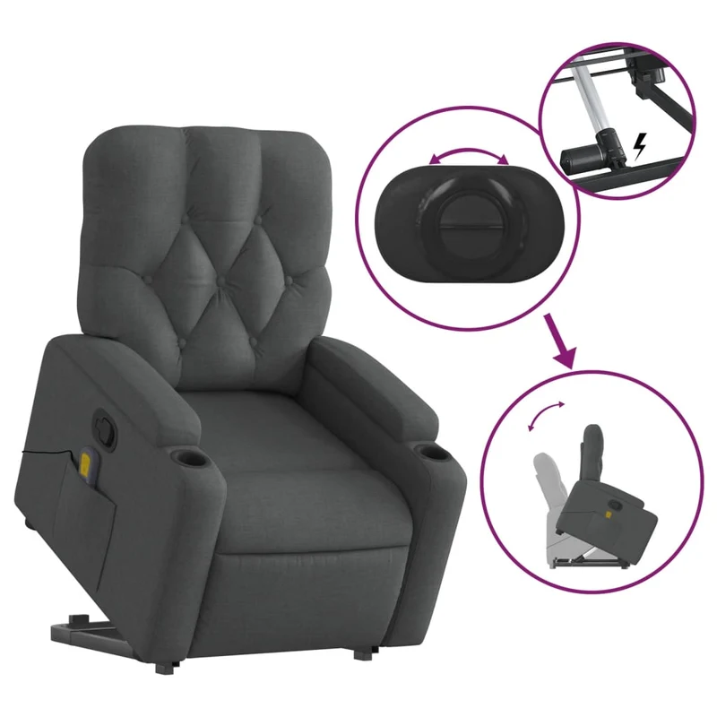 Fauteuil de relaxation TV fonction massage inclinable levage électrique en tissu gris foncé DEC026938