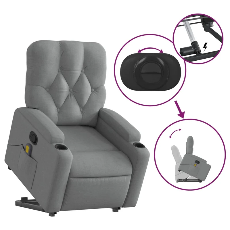 Fauteuil de relaxation TV fonction massage inclinable levage électrique en tissu gris clair DEC026911