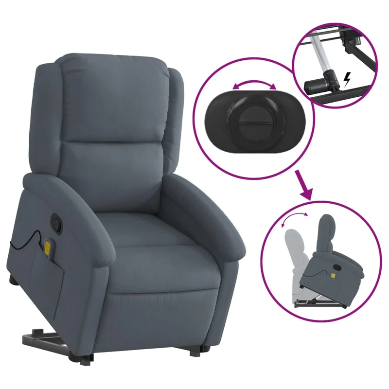 Fauteuil de relaxation TV fonction massage inclinable levage électrique en velours gris foncé DEC026968