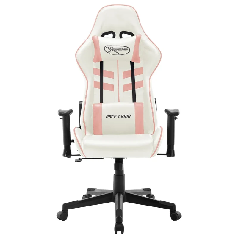 Fauteuil de bureau chaise gaming sur roulettes avec accoudoirs en PVC blanc et rose DEC025818