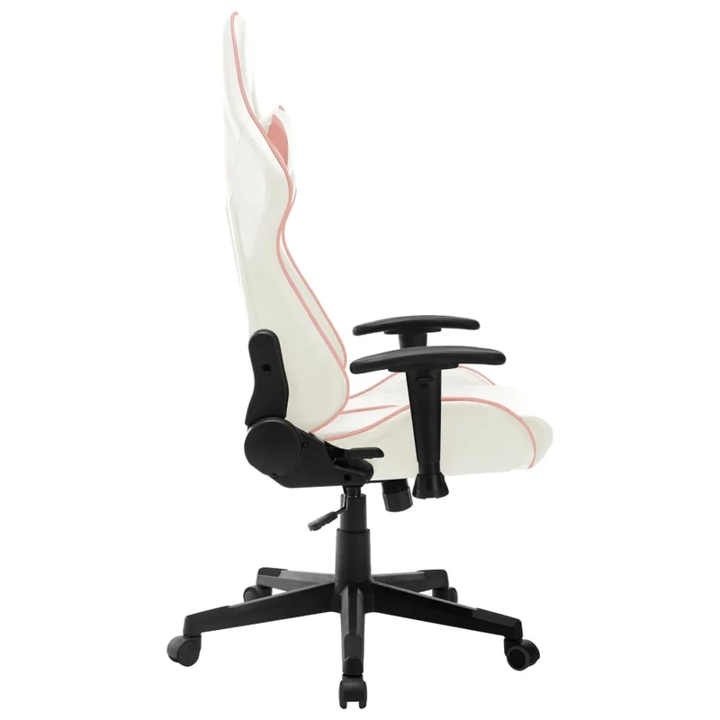 Fauteuil de bureau chaise gaming sur roulettes avec accoudoirs en PVC blanc et rose DEC025818