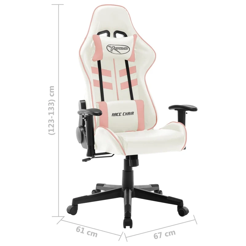 Fauteuil de bureau chaise gaming sur roulettes avec accoudoirs en PVC blanc et rose DEC025818