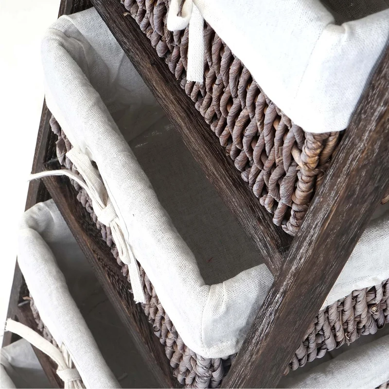Étagère échelle sur pied avec 4 paniers 101x30cm en bois marron vieilli vintage 04_0002546
