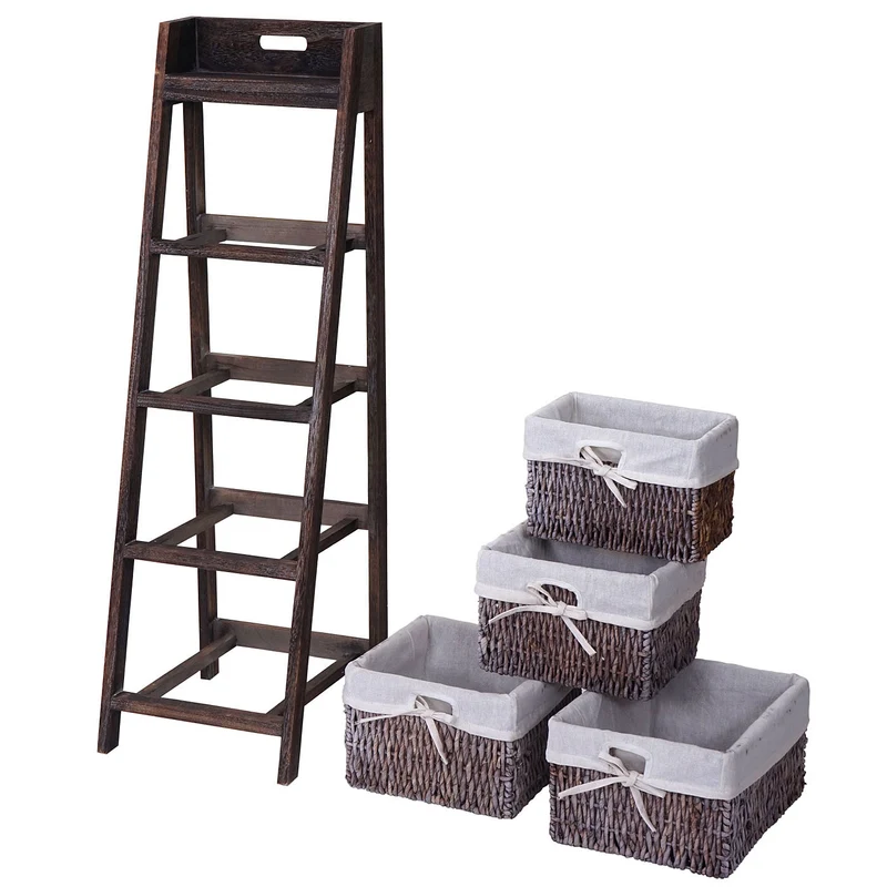 Étagère échelle sur pied avec 4 paniers 101x30cm en bois marron vieilli vintage 04_0002546