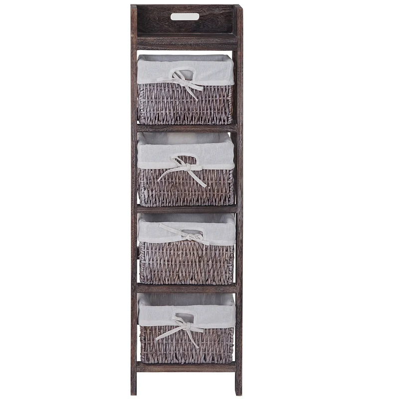 Étagère échelle sur pied avec 4 paniers 101x30cm en bois marron vieilli vintage 04_0002546