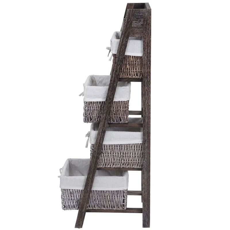 Étagère échelle sur pied avec 4 paniers 101x30cm en bois marron vieilli vintage 04_0002546