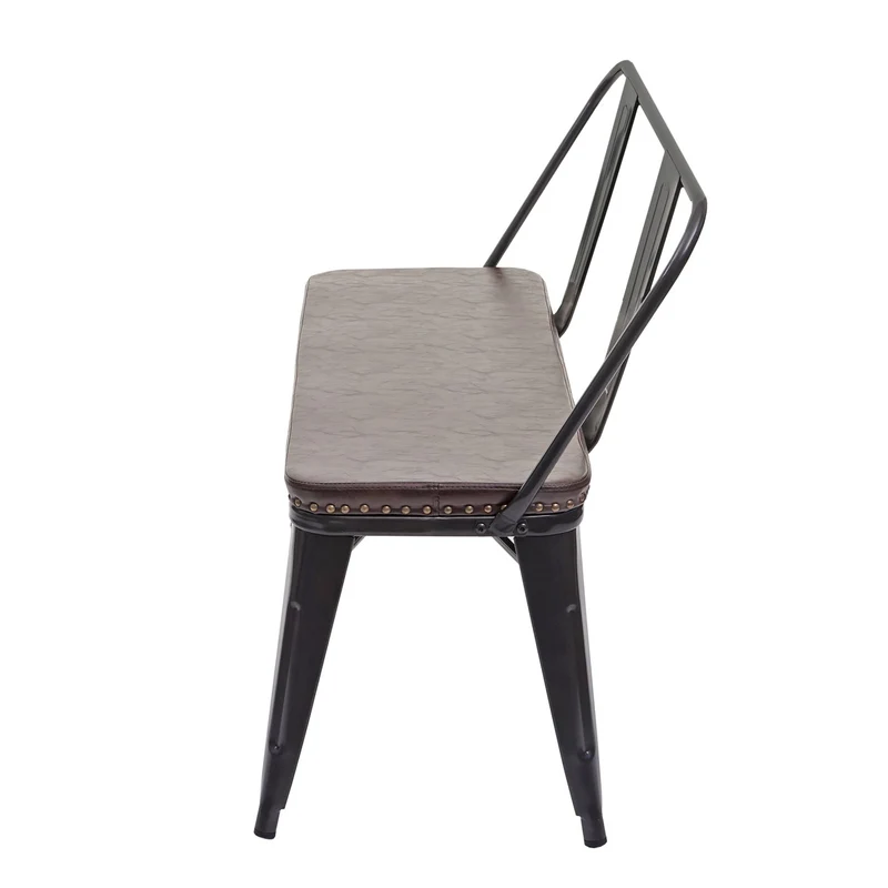 Banc avec dossier 2 places salle à manger design industriel en PVC brun et métal noir 04_0000063