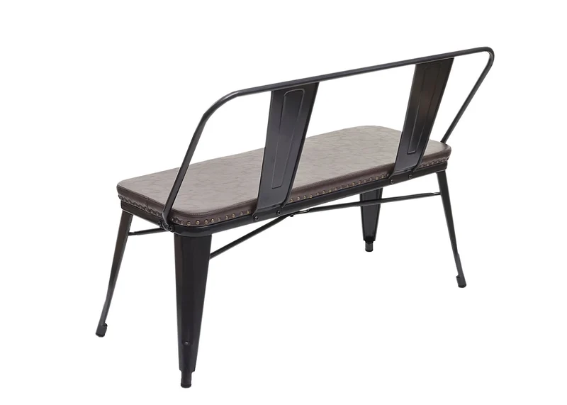 Banc avec dossier 2 places salle à manger design industriel en PVC brun et métal noir 04_0000063