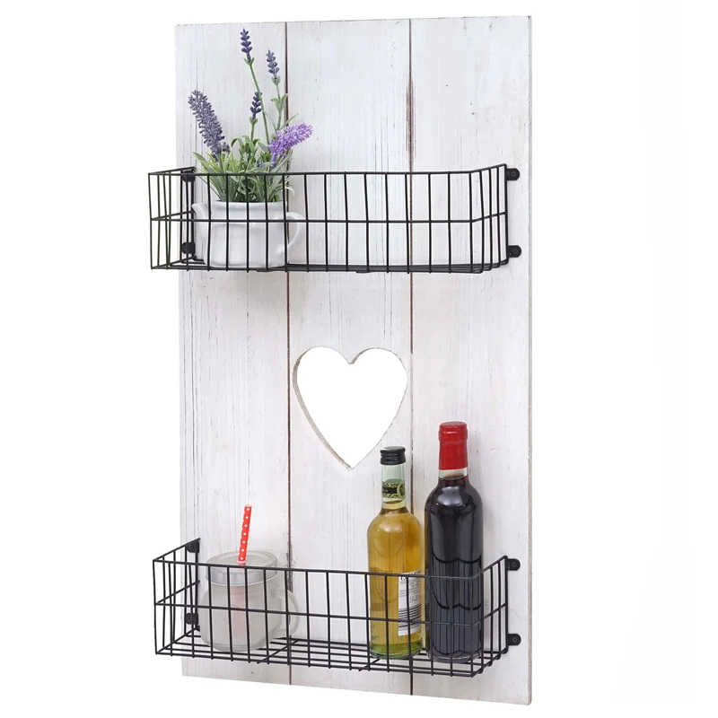 Étagère murale avec paniers de rangement en bois blanc vieilli 70x40x10cm 04_0005179