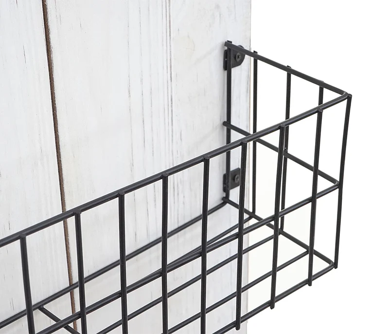 Étagère murale avec paniers de rangement en bois blanc vieilli 70x40x10cm 04_0005179
