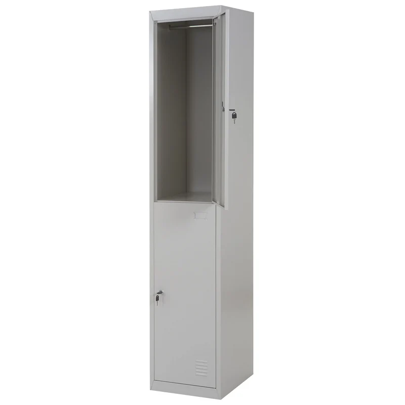 Casier armoire de rangement vestiaire 2 compartiments verrouillables en métal gris 185x38x45cm 04_0001661