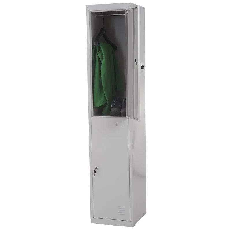 Casier armoire de rangement vestiaire 2 compartiments verrouillables en métal gris 185x38x45cm 04_0001661