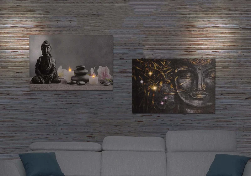 Lot de 2 tableaux LED lumineux tableau mural 40x60 cm minuterie Bouddha + bougies 04_0000452
