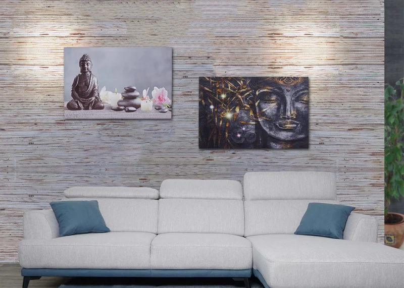 Lot de 2 tableaux LED lumineux tableau mural 40x60 cm minuterie Bouddha + bougies 04_0000452