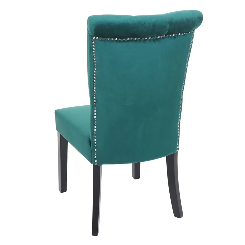 Lot de 2 chaises à manger cuisine en velours vert foncé avec décoration bouton cristal pieds bois noirs 04_0000354
