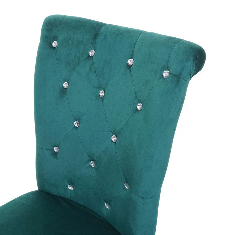 Lot de 2 chaises à manger cuisine en velours vert foncé avec décoration bouton cristal pieds bois noirs 04_0000354
