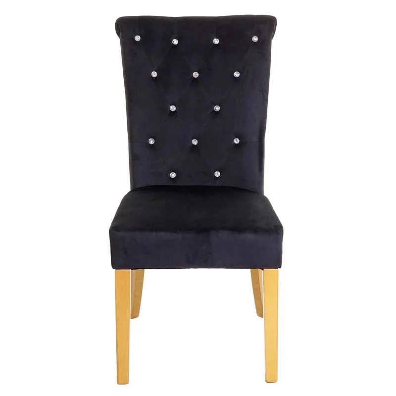 Lot de 2 chaises à manger cuisine en velours noir avec décoration bouton cristal pieds bois clairs 04_0000353