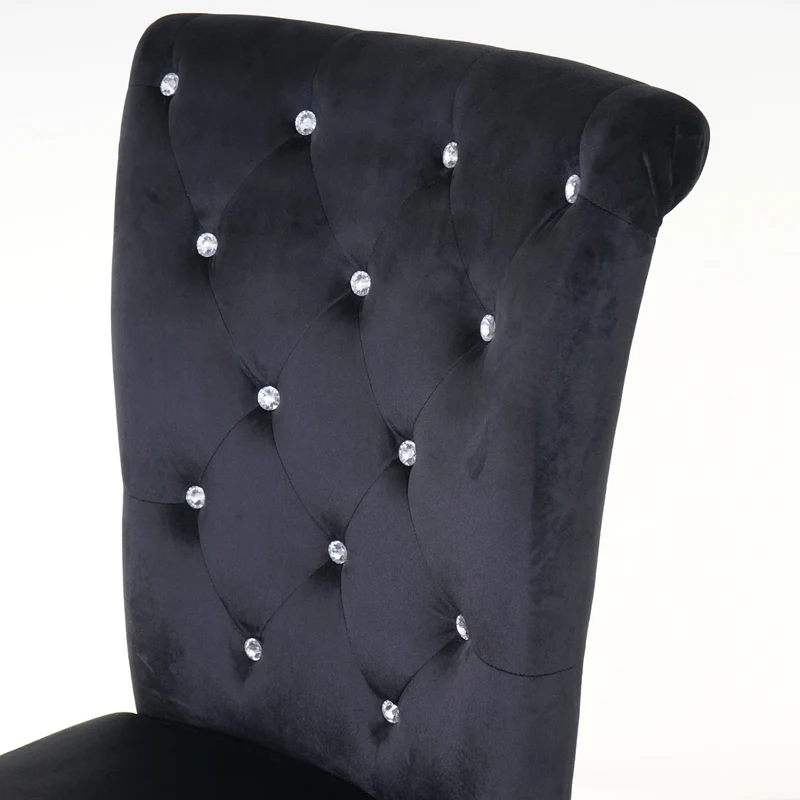 Lot de 2 chaises à manger cuisine en velours noir avec décoration bouton cristal pieds bois clairs 04_0000353