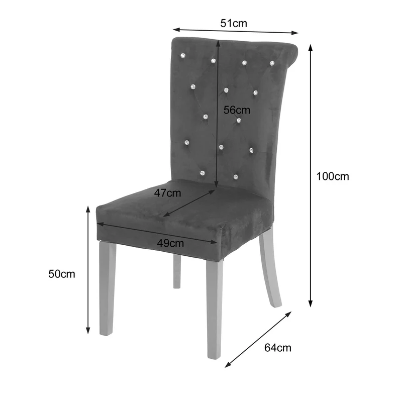 Lot de 2 chaises à manger cuisine en velours noir avec décoration bouton cristal pieds bois clairs 04_0000353