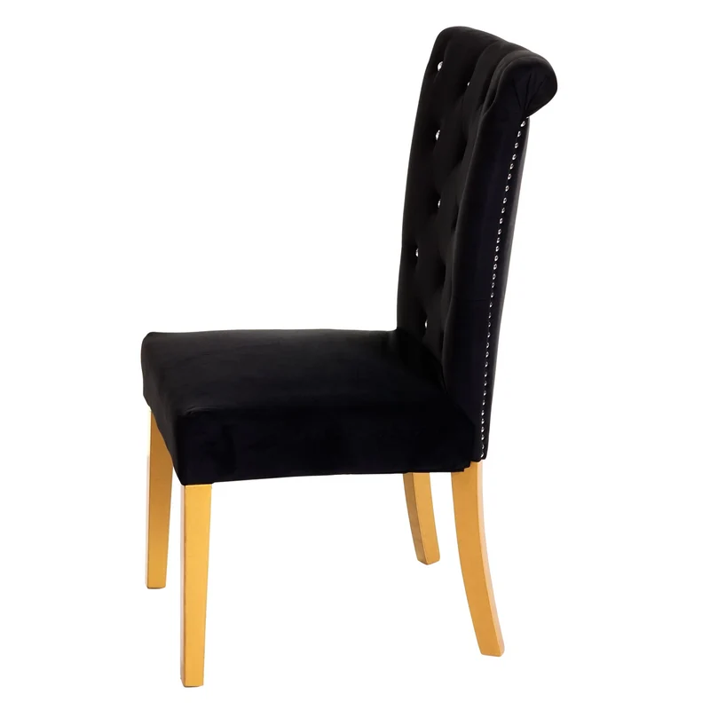 Lot de 2 chaises à manger cuisine en velours noir avec décoration bouton cristal pieds bois clairs 04_0000353