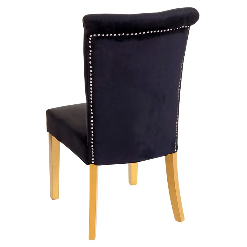 Lot de 2 chaises à manger cuisine en velours noir avec décoration bouton cristal pieds bois clairs 04_0000353