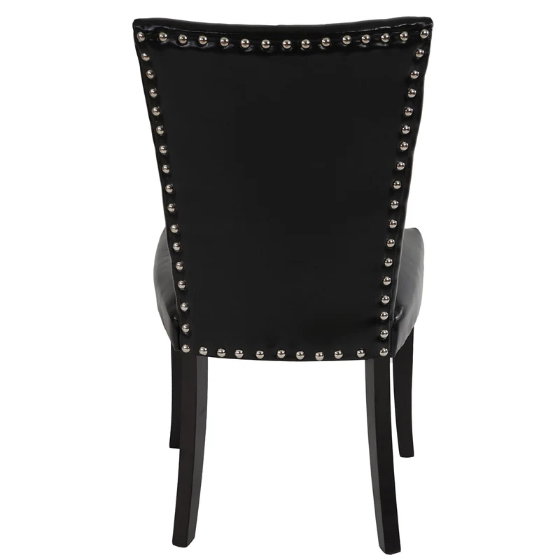 2x chaises à manger Chesterfield synthétique noir pieds foncés bouton sur dossier 04_0000325