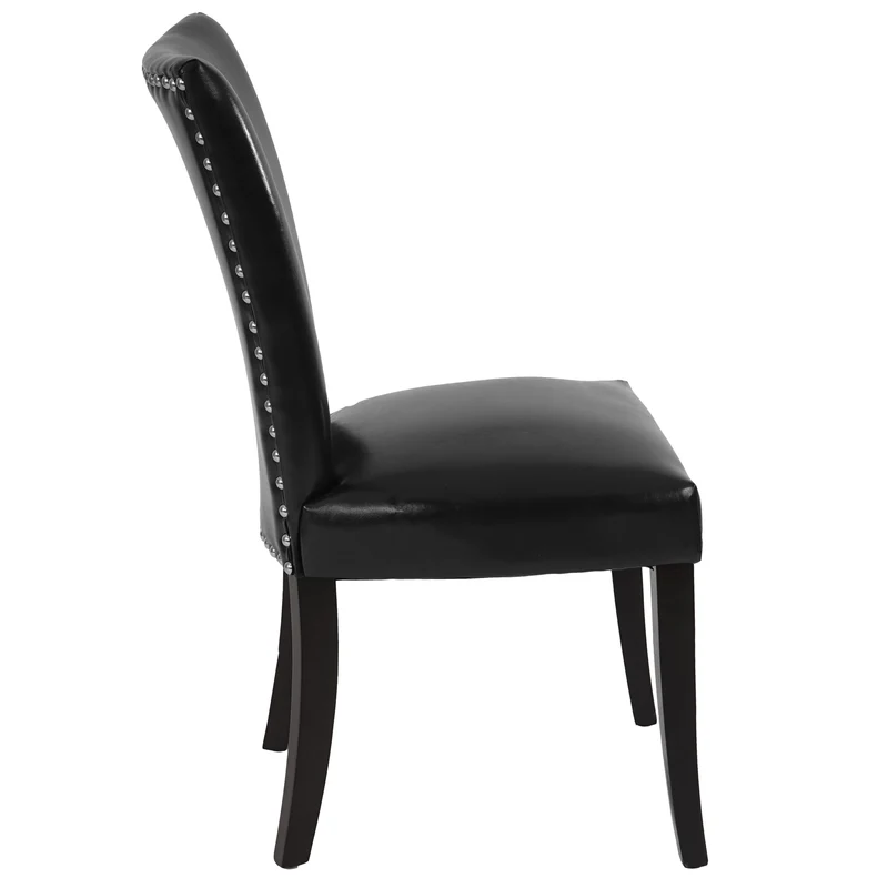 2x chaises à manger Chesterfield synthétique noir pieds foncés bouton sur dossier 04_0000325