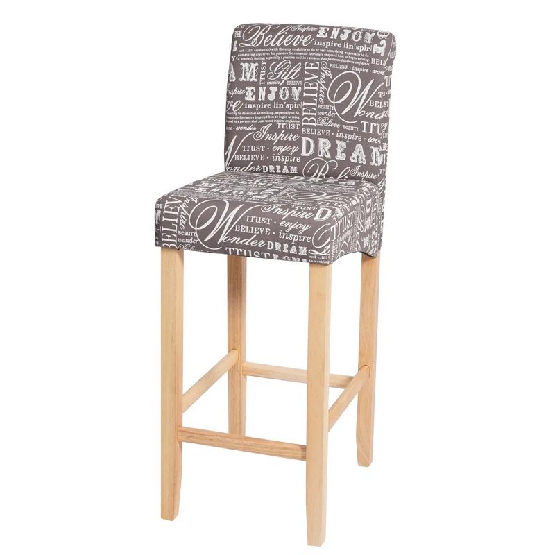 Tabouret de bar chaise haute de bar motif lettrage gris tissu pieds en bois clairs 04_0001238