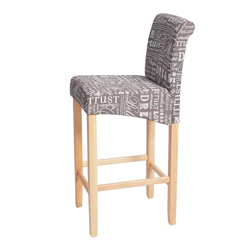 Tabouret de bar chaise haute de bar motif lettrage gris tissu pieds en bois clairs 04_0001238