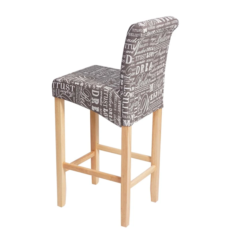 Tabouret de bar chaise haute de bar motif lettrage gris tissu pieds en bois clairs 04_0001238