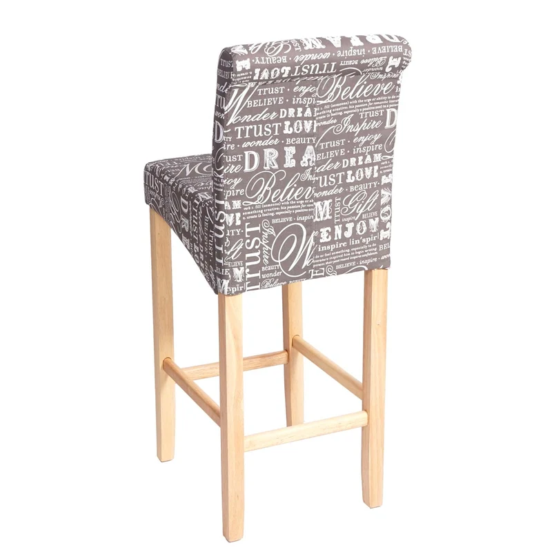 Tabouret de bar chaise haute de bar motif lettrage gris tissu pieds en bois clairs 04_0001238