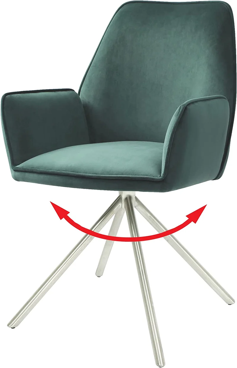 Chaise fauteuil rembourré salon bureau avec accoudoirs rotation 90° en velours vert pieds acier FAL04037