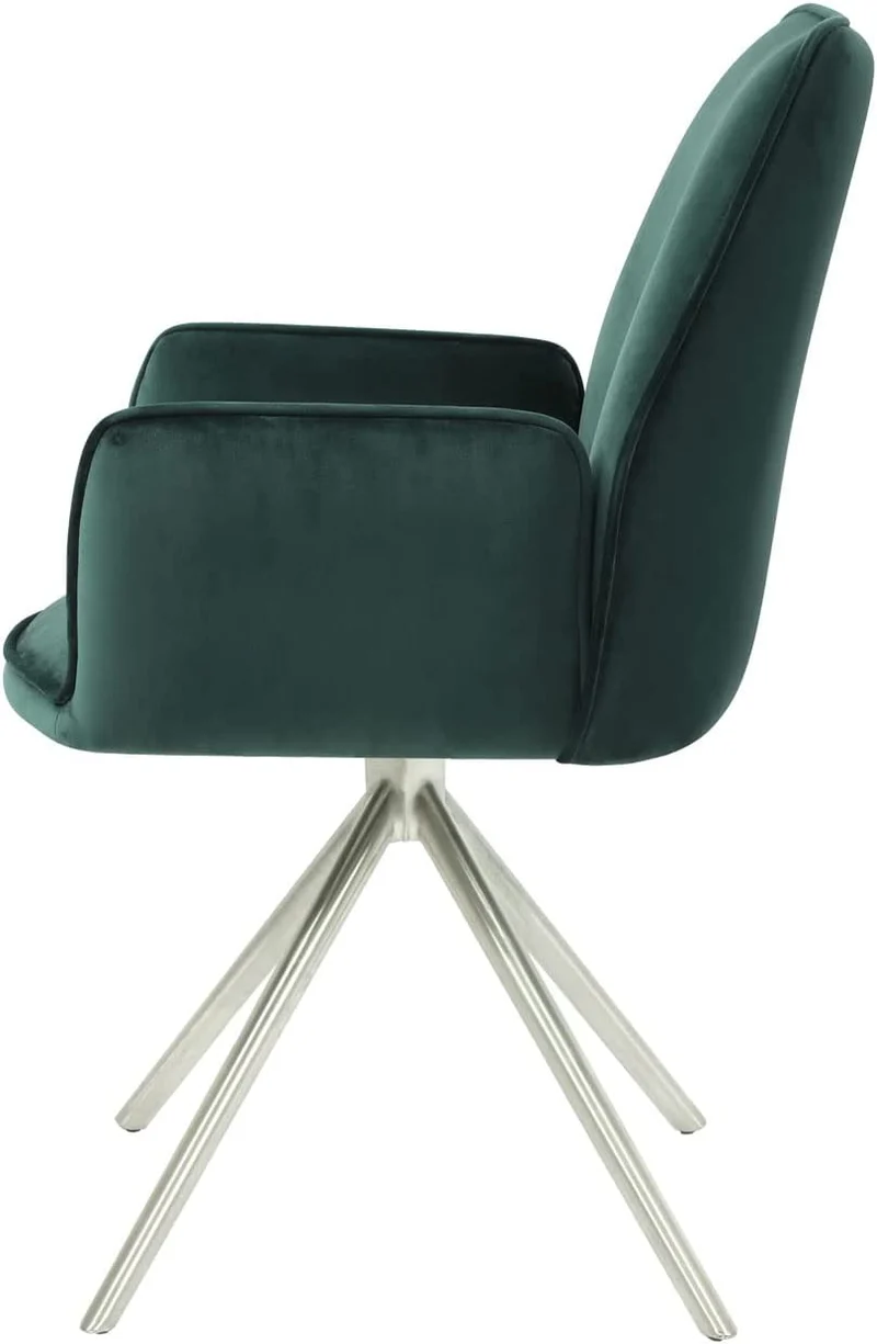 Chaise fauteuil rembourré salon bureau avec accoudoirs rotation 90° en velours vert pieds acier FAL04037