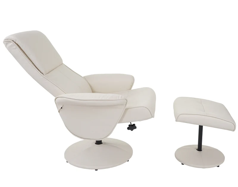 Fauteuil TV de relaxation pivotant avec tabouret rembourrage confortable et au dossier haut en synthétique crème 04_0003106