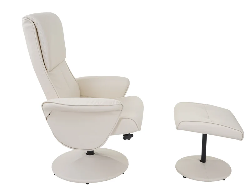 Fauteuil TV de relaxation pivotant avec tabouret rembourrage confortable et au dossier haut en synthétique crème 04_0003106