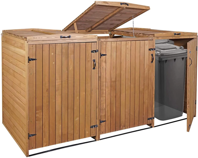 Abri de poubelles extérieur conteneurs à ordures avec couvercle jusqu'à 6 bacs 120x75x96 en bois certifié FSC marron 04_0005620
