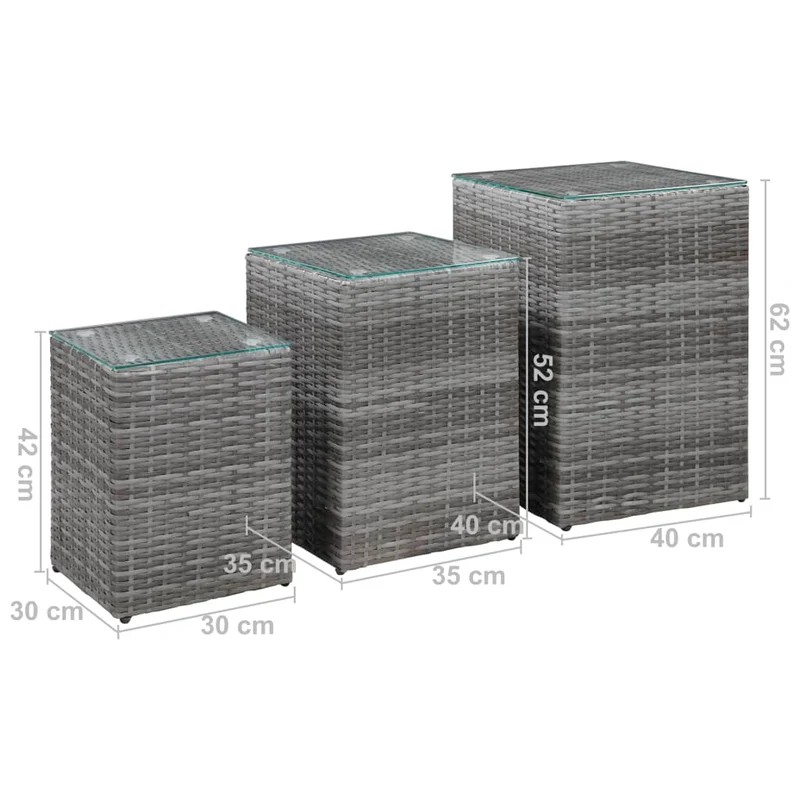 Lot de 3 tables d'appoint supports plantes dessus en verre gris résine tressée gris et métal DEC032664