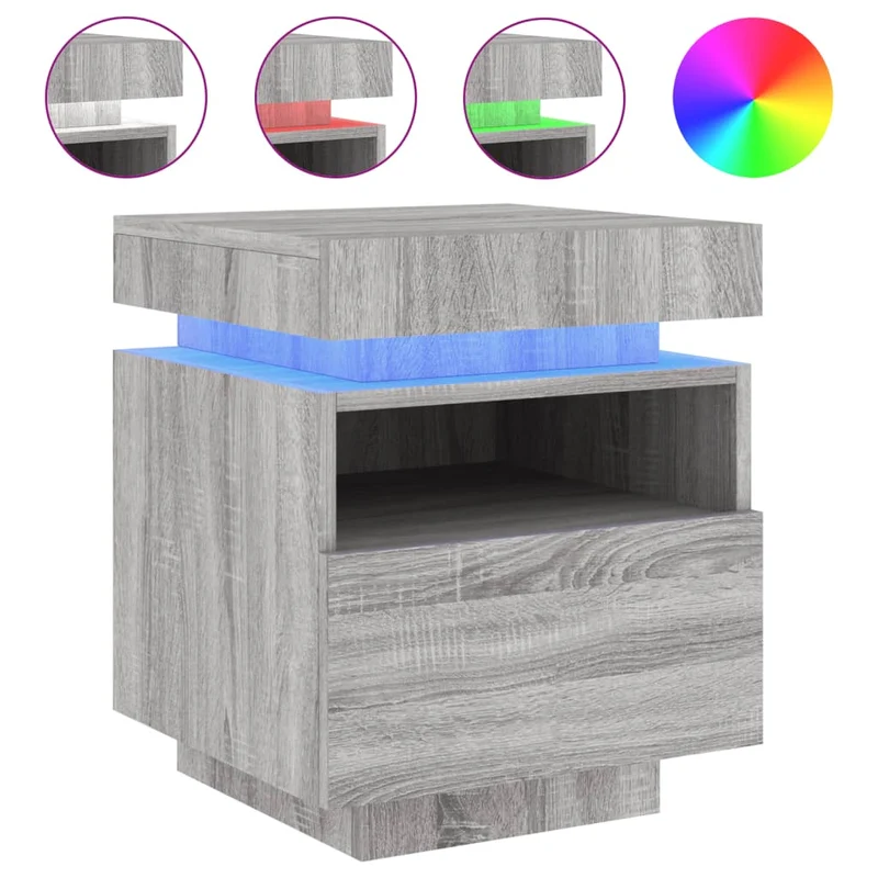 Lot de 2 tables de chevet lumières LED RVB 40 x 39 x 48,5 cm avec tiroir en bois d'ingénierie gris DEC032837