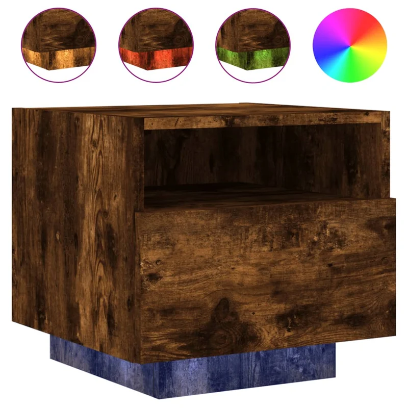 Lot de 2 table de chevet avec tiroir et lumières LED RVB 40 x 39 x 37 cm en bois d'ingénierie marron DEC032827